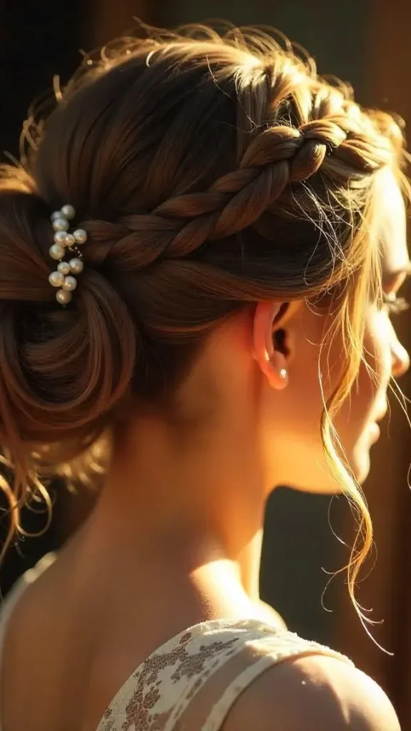 Peinado con trenzas creativas y accesorios de perlas, un look elegante y romántico.