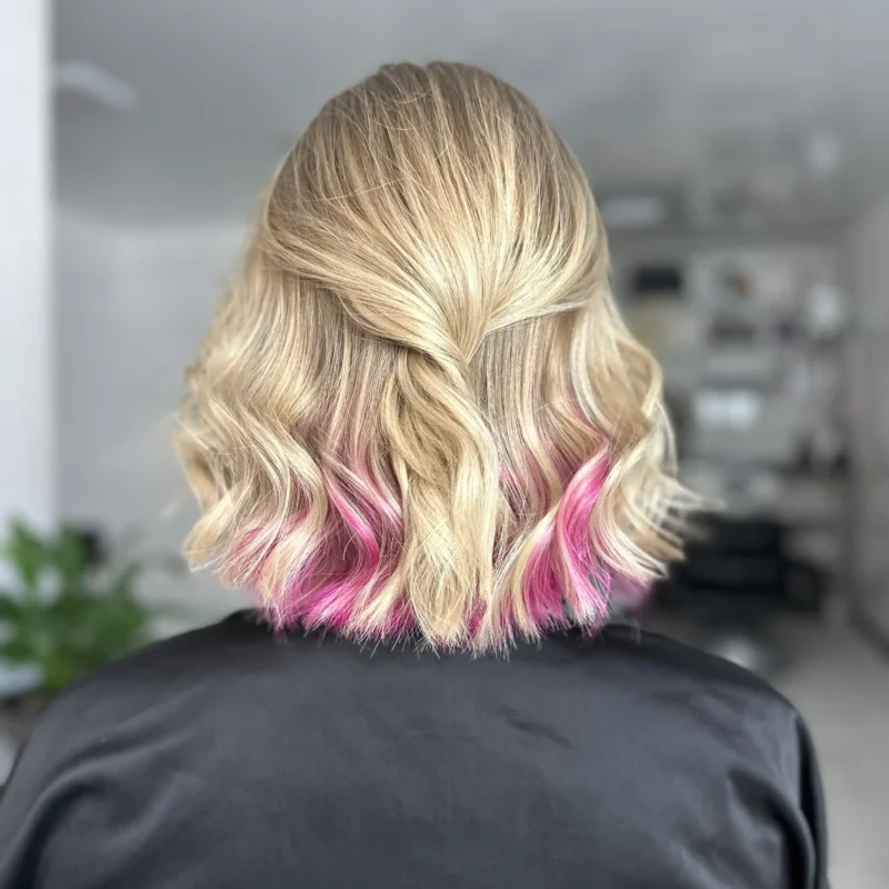 Chica con mechas underlights coloridas y atrevidas en cabello rosa, mostrando un look moderno y vibrante