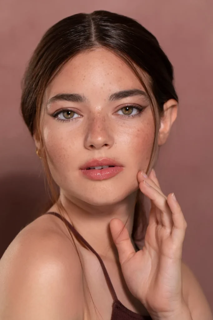 Primer plano de mujer con rostro alargado, mandíbula definida y cabello castaño recogido