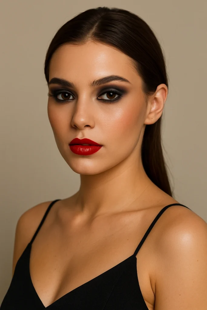Maquillaje sexy para San Valentín con labios rojos y ojos ahumados.