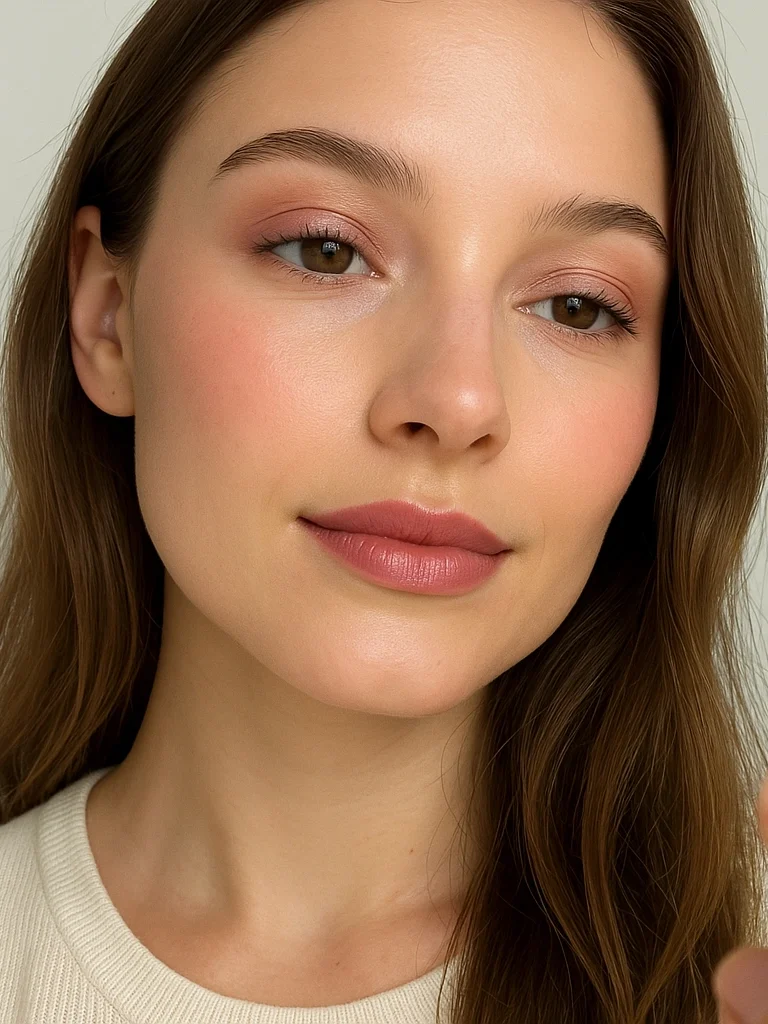 Maquillaje romántico para San Valentín con sombras en tonos nude y labios rosa.