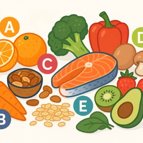 Alimentos variados ricos en vitaminas A, B, C, D y E con íconos informativos, ilustración educativa sobre nutrición y salud
