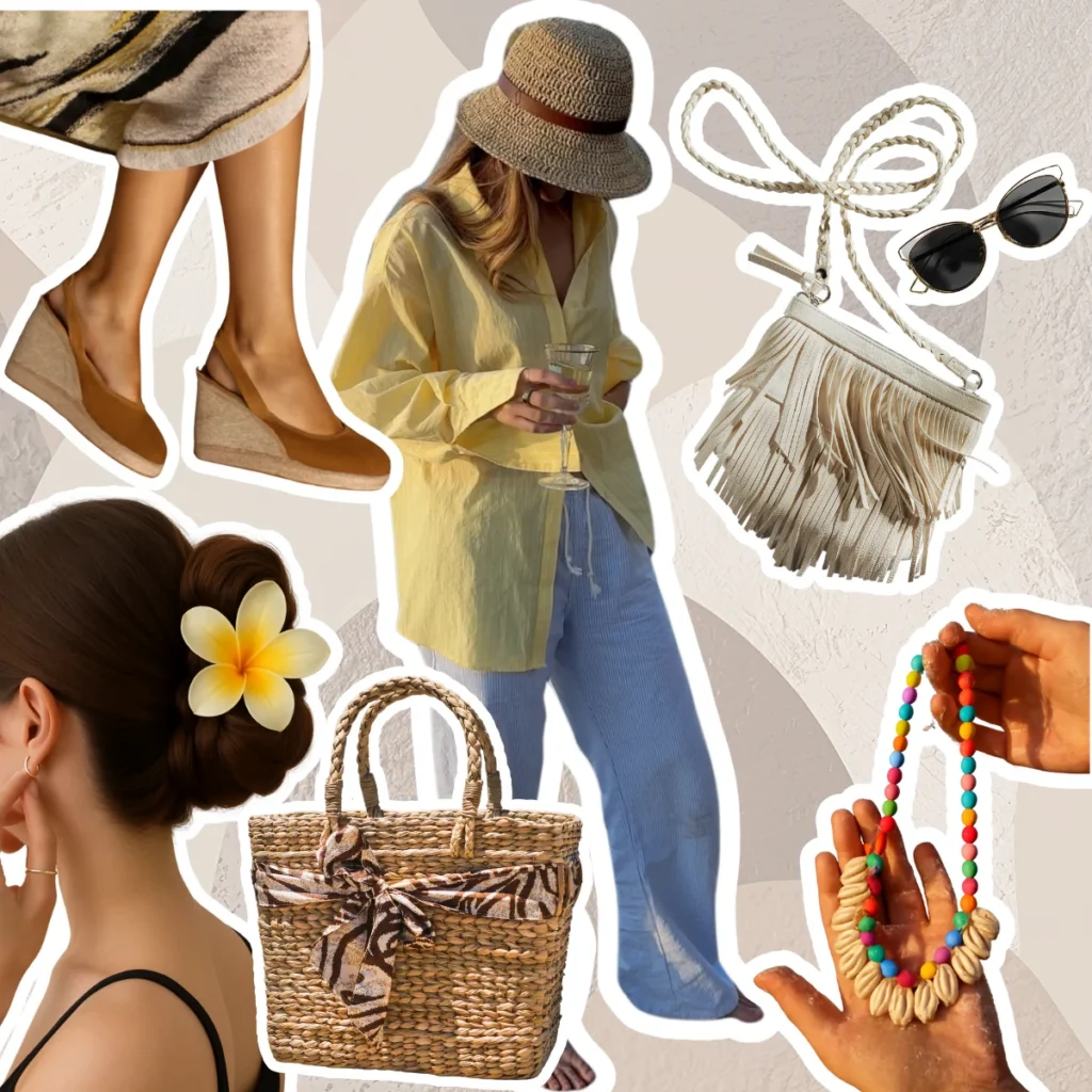 Accesorios de moda primavera verano 2025 como bolso de rafia, collar de conchas, gafas, sandalias con cuña, sombrero y detalles florales ideales para un look fresco y con estilo