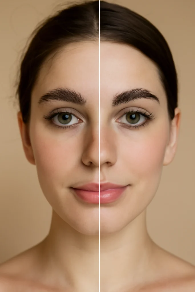 Comparación antes y después de cejas perfectas, mostrando el impacto del diseño en el rostro.