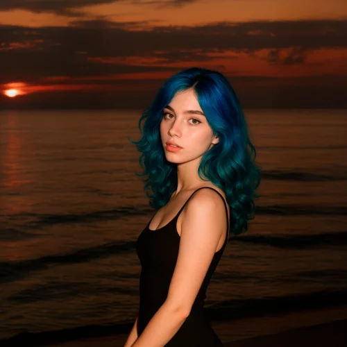 Mujer con cabello decolorado y tinte fantasía brillante disfrutando del verano