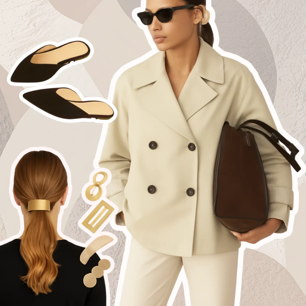 Gabardina beige combinada con bolso estructurado, mules negros y accesorios dorados en un look minimalista ideal para la moda primavera verano 2025