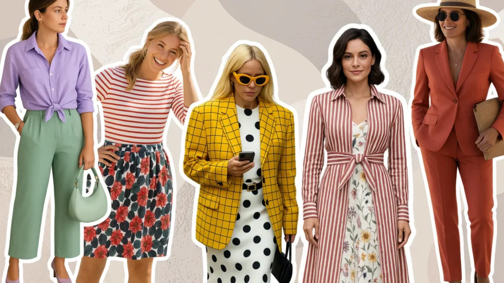 Looks de moda primavera verano 2025 con mezclas de colores vivos y estampados atrevidos como rayas, flores y lunares; estilos que combinan sin reglas