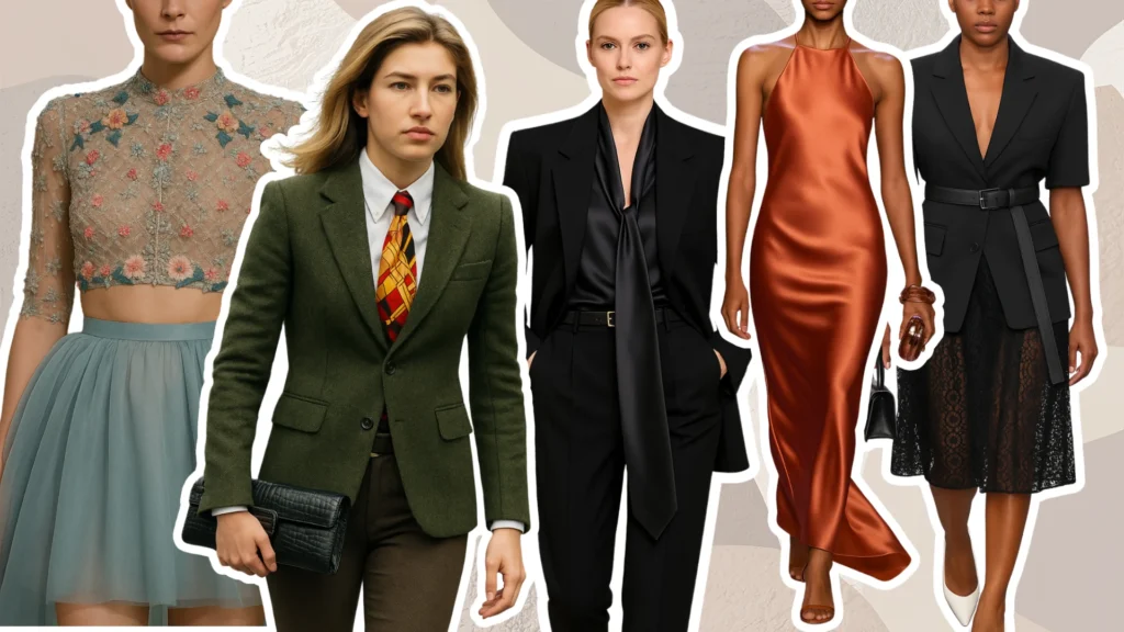 Outfits sofisticados de moda primavera verano 2025 inspirados en pasarelas: encaje romántico, sastrería elegante, vestidos satinados y conjuntos con personalidad
