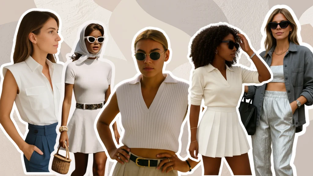Looks de moda primavera verano 2025 con inspiración en los años 80: gafas grandes, siluetas marcadas, tejidos metalizados y prendas estructuradas con estilo moderno