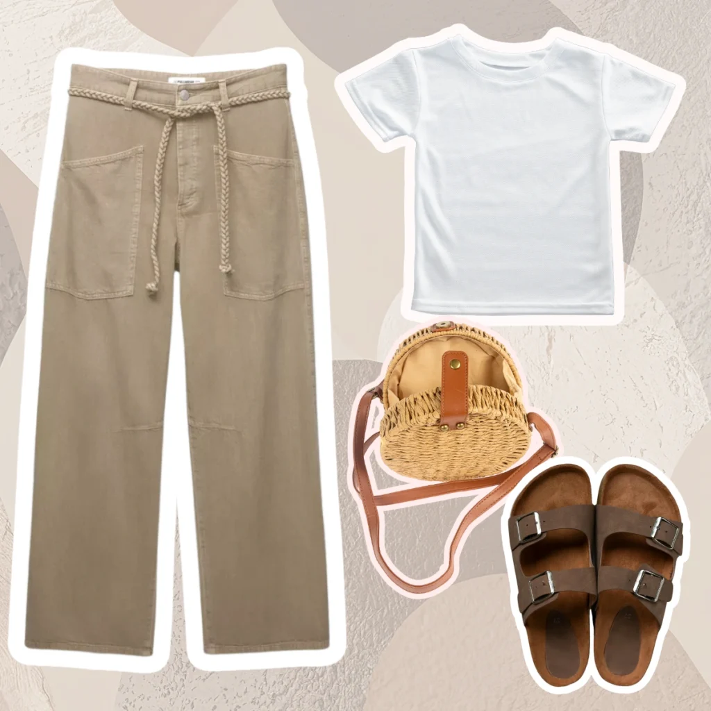 Look casual de moda primavera verano 2025 con pantalón ancho, camiseta blanca, bolso de rafia y sandalias, ideal para climas cálidos con tejidos que respiran