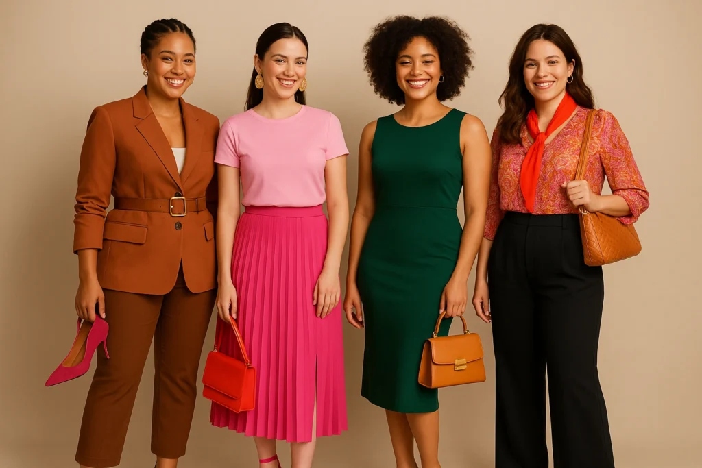 Aprovecha los accesorios: cinturones, tacones, bolsos llamativos y joyería vistosa como pendientes grandes o collares pueden transformar cualquier conjunto, definir tu figura y atraer la atención hacia el rostro y la parte superior del cuerpo.