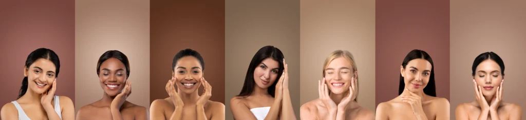 Mujeres con diferentes tonos de piel mostrando cómo elegir el tono de base ideal.