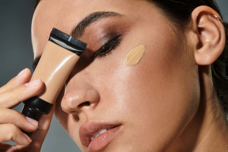 Mujer aplicando base de maquillaje en el rostro con un aplicador.