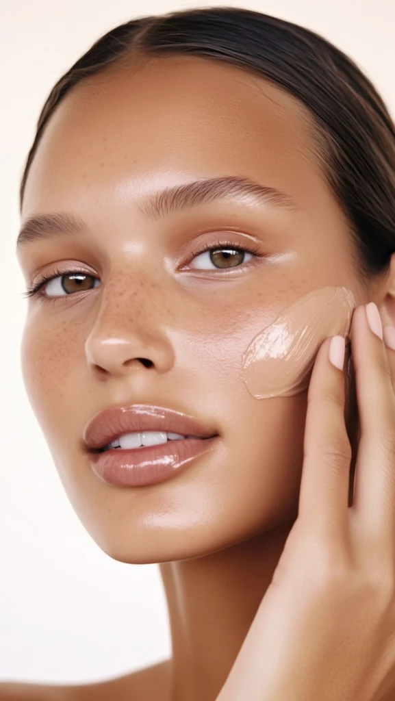 Aplicación de base de maquillaje con brocha o esponja para un acabado perfecto.
