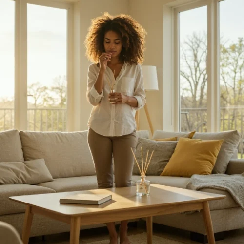 Mujer disfrutando del aroma de un ambientador para casa en un salón moderno y luminoso
