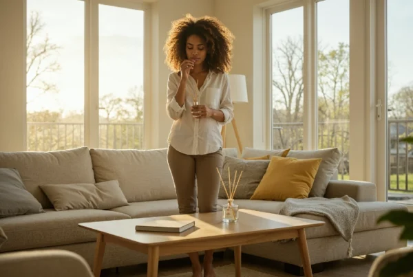 Mujer disfrutando del aroma de un ambientador para casa en un salón moderno y luminoso