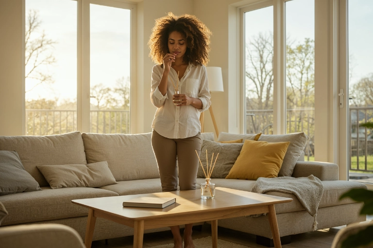 Mujer disfrutando del aroma de un ambientador para casa en un salón moderno y luminoso