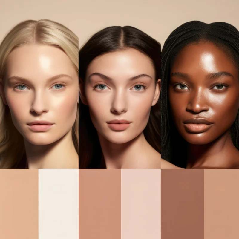 Variedad de tonos de base de maquillaje para diferentes tipos de piel.