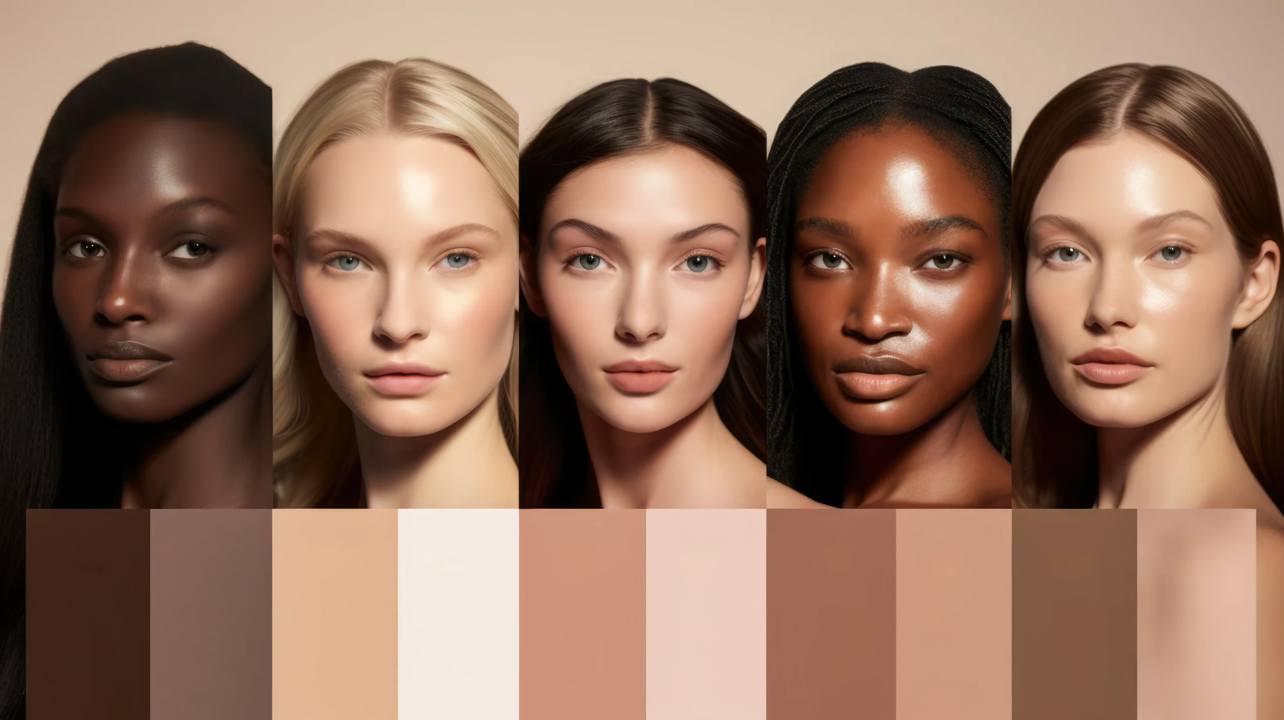 Variedad de tonos de base de maquillaje para diferentes tipos de piel.