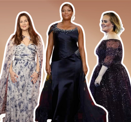 Famosas con cuerpo manzana: Drew Barrymore, Queen Latifah y Adele, cada una realzando su figura con prendas que estilizan la parte superior y resaltan sus piernas.