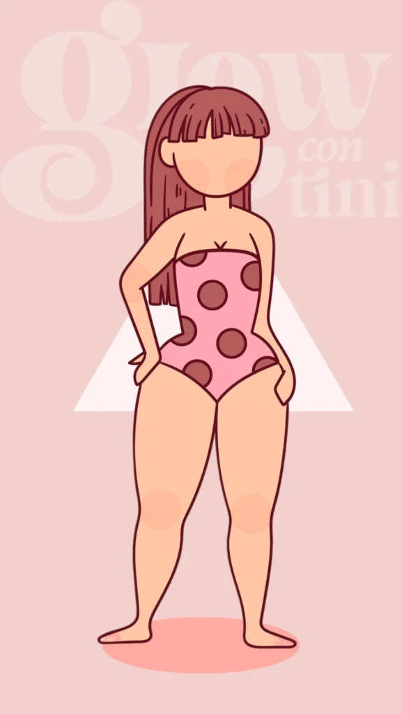 Cuerpo pera o triángulo: figura caracterizada por caderas más anchas que los hombros, con una cintura definida y un cuerpo en forma de "A".