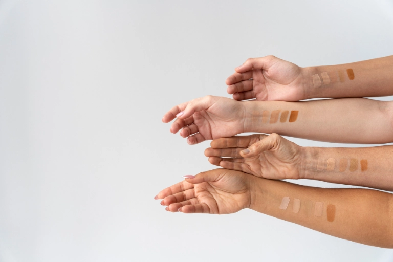 Brazos con diferentes tonos de base de maquillaje para identificar el subtono de piel.