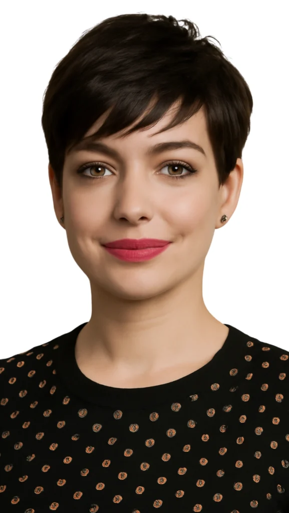 Estilo Pixie con volumen para rostros redondos, un corte de pelos ideal para añadir altura y definición al rostro.