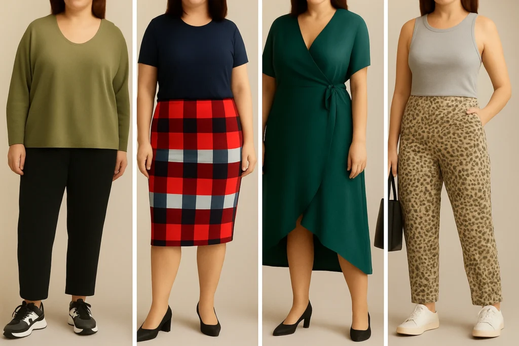 Prendas ideales para el cuerpo manzana u ovalado: atuendos que estilizan la parte superior y destacan las piernas, como blusas con escote en V, prendas fluidas, pantalones de pierna recta y vestidos imperio que favorecen la silueta sin ajustarse al abdomen.
