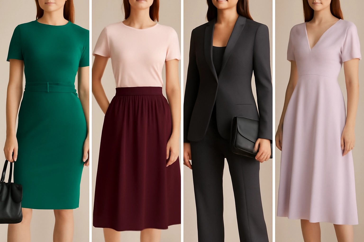 Prendas ideales para el cuerpo rectangular: atuendos que marcan la cintura y añaden volumen en hombros y caderas, como blusas con volumen, faldas en A, vestidos ajustados y prendas que crean una silueta más curvada y femenina.
