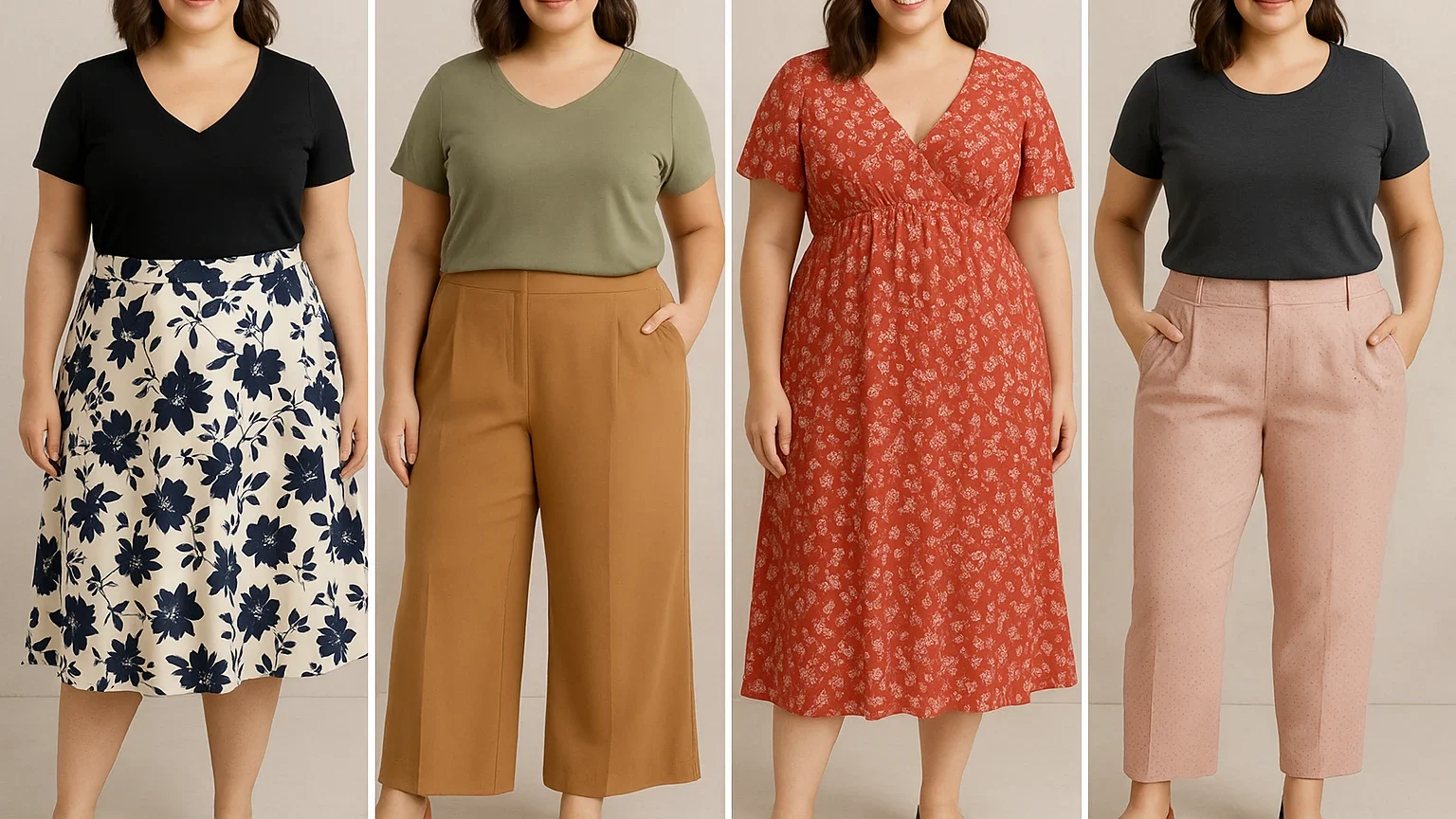 Prendas ideales para cuerpo triángulo invertido: faldas con vuelo, pantalones palazzo, tops con escote en V, vestidos de corte imperio y pantalones con detalles ayudan a equilibrar la figura, añadiendo volumen en la parte inferior y suavizando la parte superior.