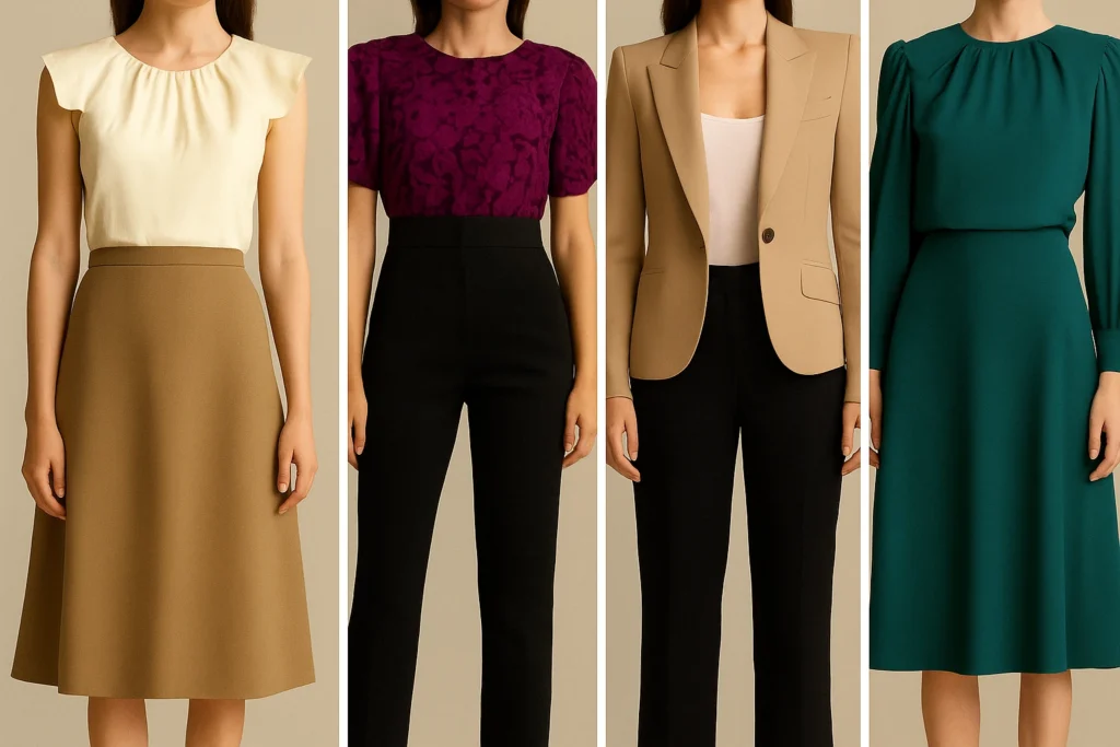 Prendas ideales para cuerpos tipo triángulo o pera: atuendos que equilibran la figura, como blusas con detalles llamativos en la parte superior, faldas A, pantalones de tiro alto y prendas que resaltan la cintura mientras añaden volumen en la parte superior.