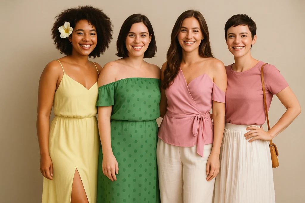 Escoge las telas adecuadas: telas rígidas o gruesas como el denim, cuero o lana gruesa son perfectas para dar forma a las curvas, mientras que telas suaves como el algodón, satén o seda crean un look fluido y natural para cuerpos que prefieren una caída más relajada.