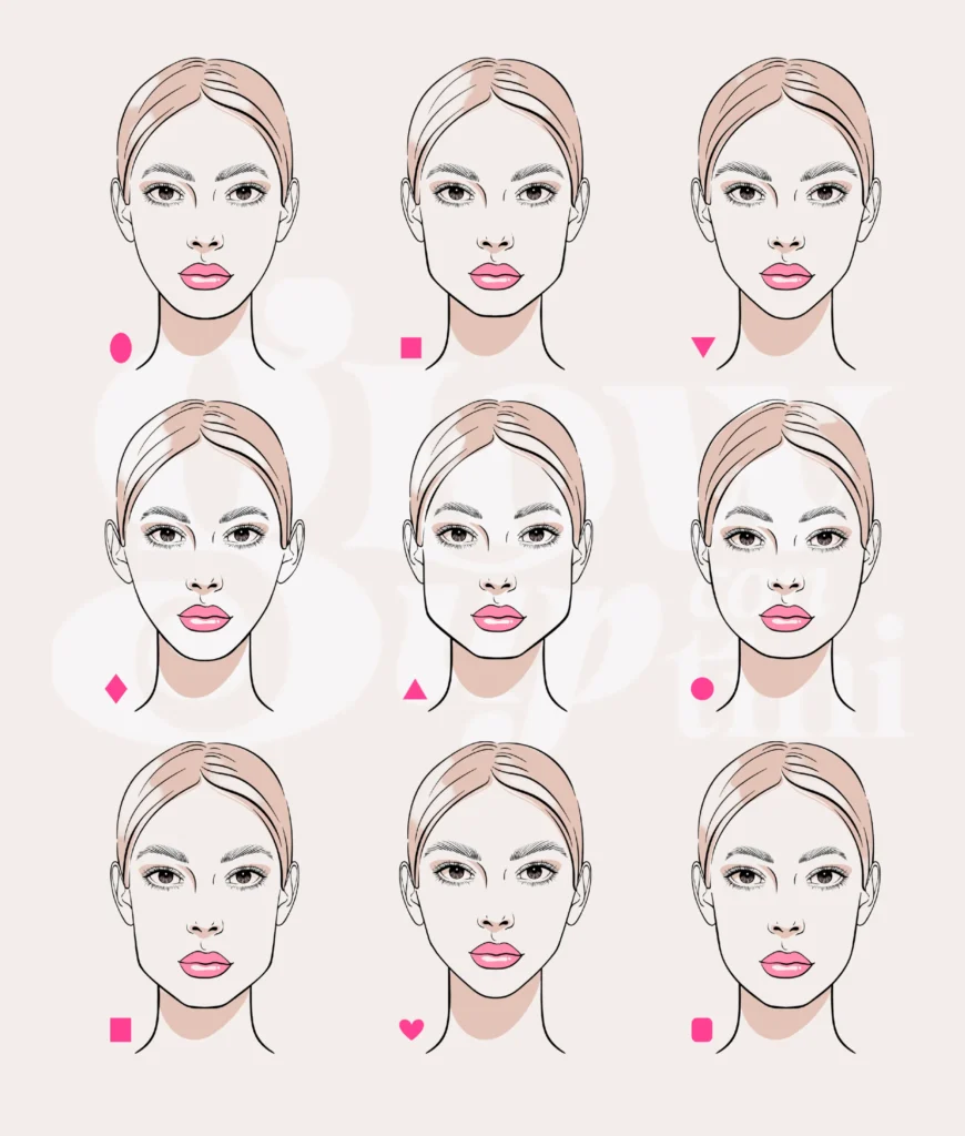 Esquema que ilustra varios tipos de formas de cara y su relación con los cortes de pelos adecuados para cada tipo de rostro.