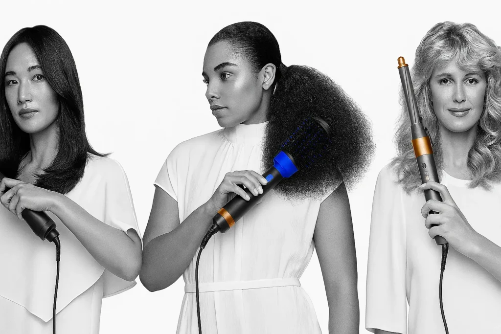 Tres mujeres usando moldeador de pelo tipo cepillo secador en diferentes tipos de cabello, mostrando resultados personalizados.
