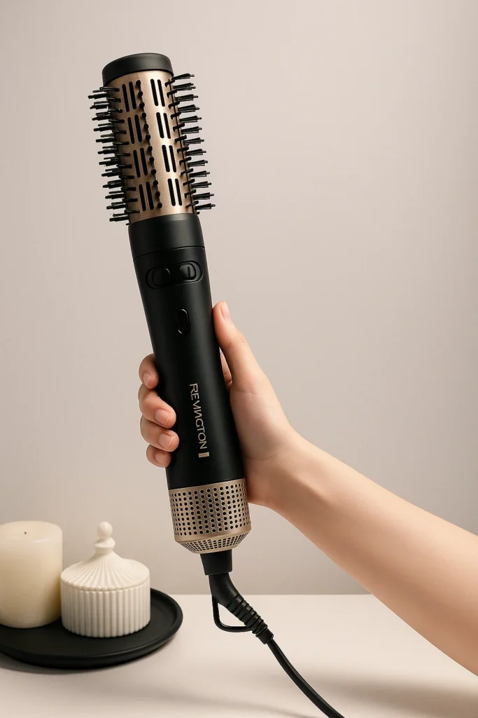 Mujer usando cepillo secador de pelo Remington para lograr un alisado suave y sin frizz, ideal para uso diario.