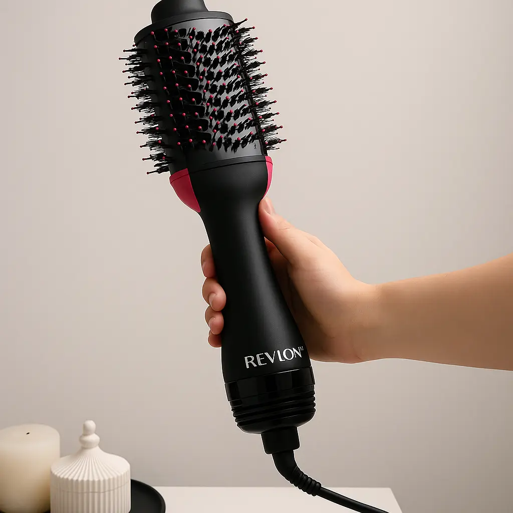 Imagen de producto de cepillo secador de pelo Revlon sobre fondo neutro.