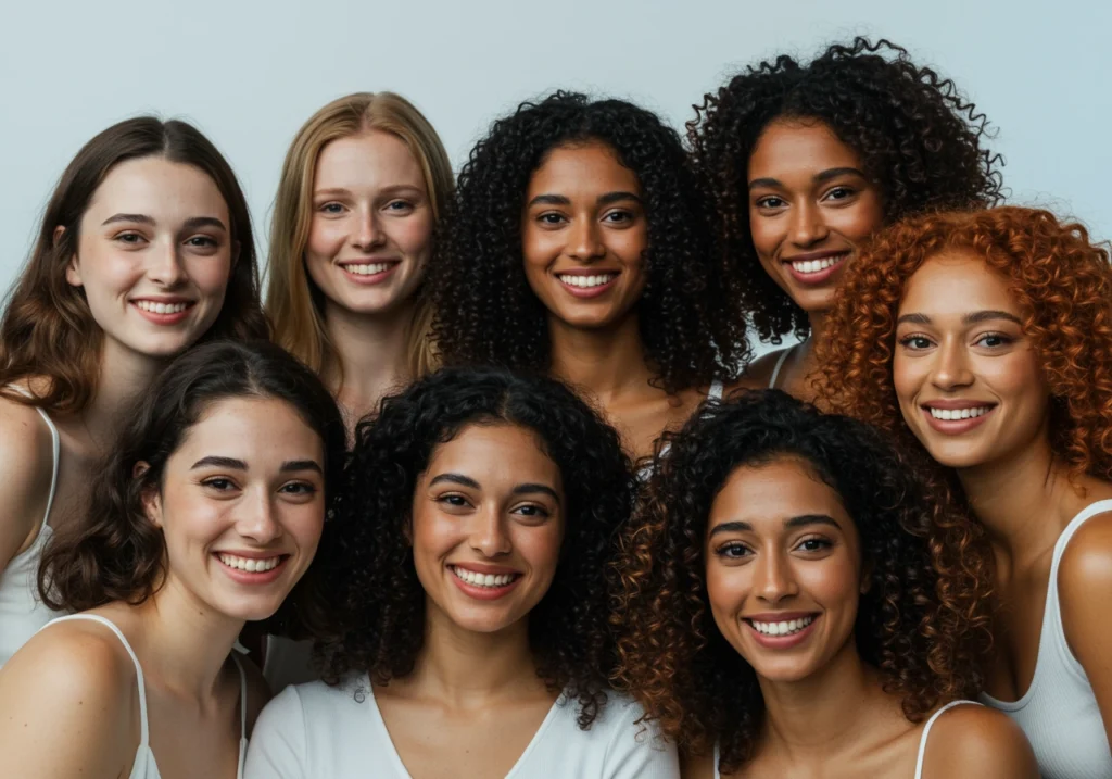 Grupo de chicas con diferentes tonos de pelo, todas con ojos marrones, mostrando cómo cada color resalta de forma única este tono de ojos.