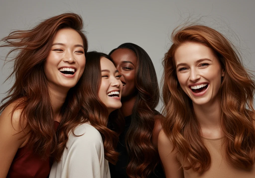 Grupo de cuatro mujeres jóvenes con tonos de cabello castaño y cobrizo, sonriendo y posando juntas sobre fondo neutro.