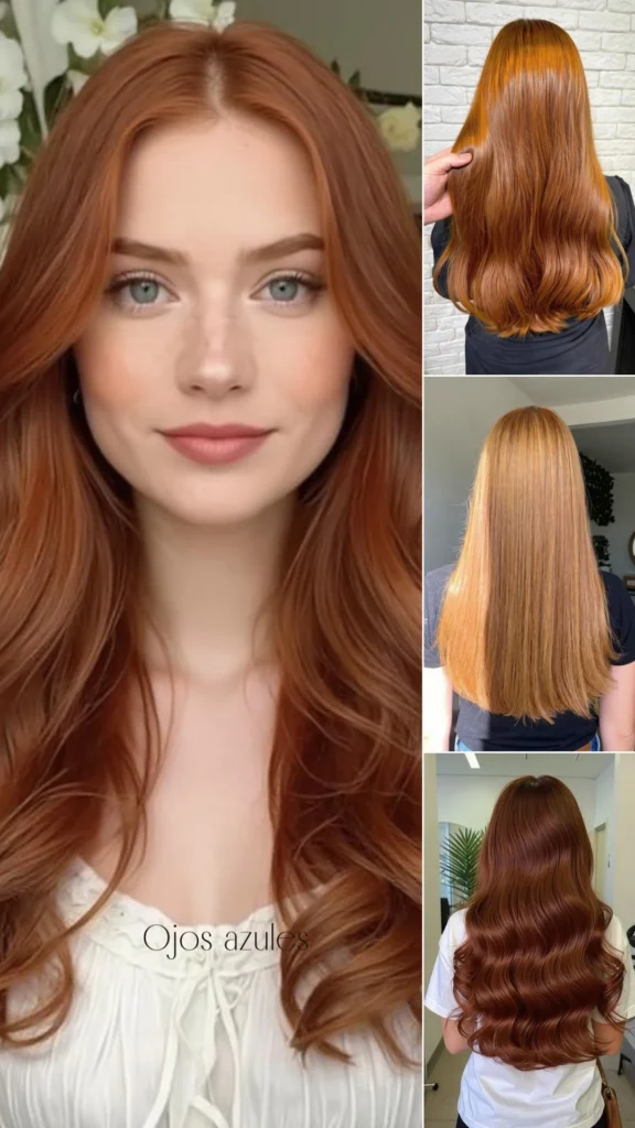 Mujer de ojos azules y cabello rubio cobrizo claro, resaltando su mirada con un color complementario cálido.