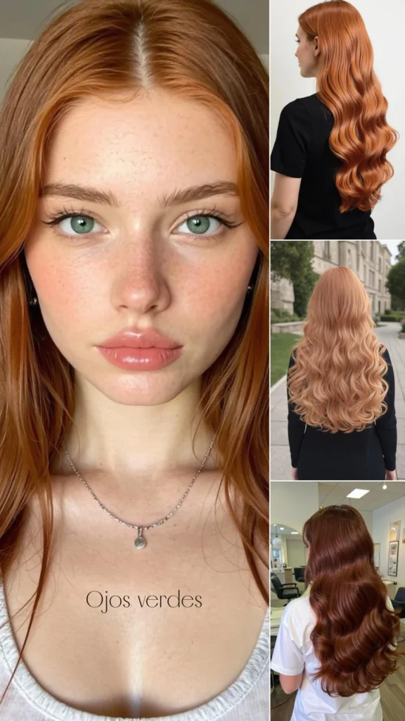 Mujer de cabello cobrizo vibrante con ojos verdes, enmarcando la mirada con tonos intensos como naranja teja o dorado miel.