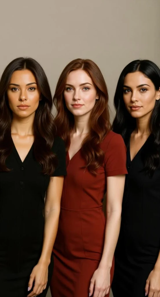 Tres mujeres una al lado de la otra, cada una representando un subtono de piel: cálido, frío y neutro, con outfits y maquillaje acordes.