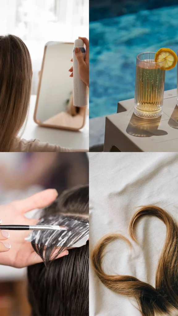 Productos para el cuidado del cabello cobrizo junto a una mujer peinándose con el cabello brillante y saludable.