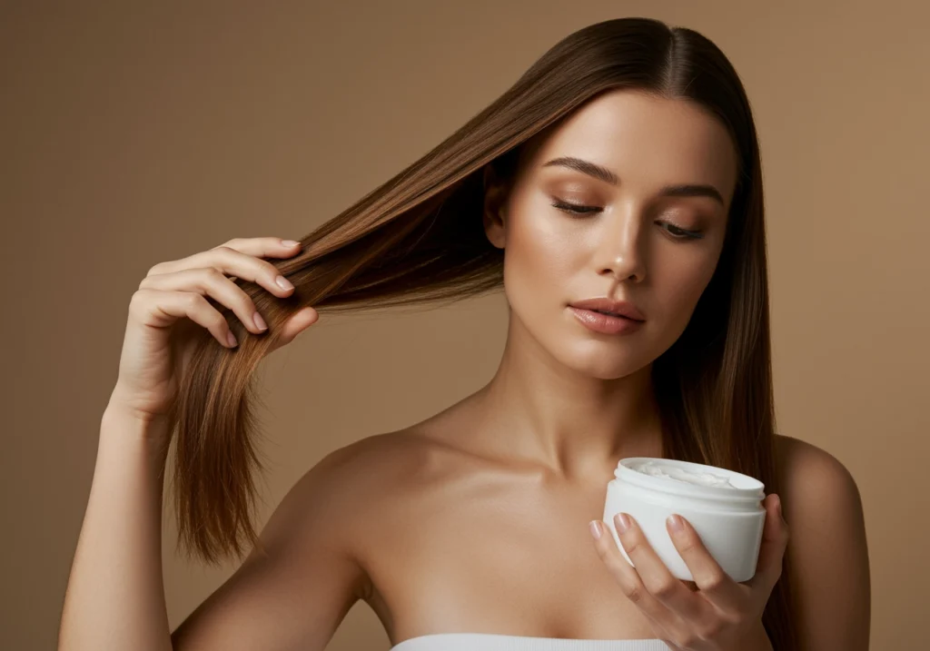 Mujer con cabello tinte castaño de pelo liso aplicando mascarilla capilar.