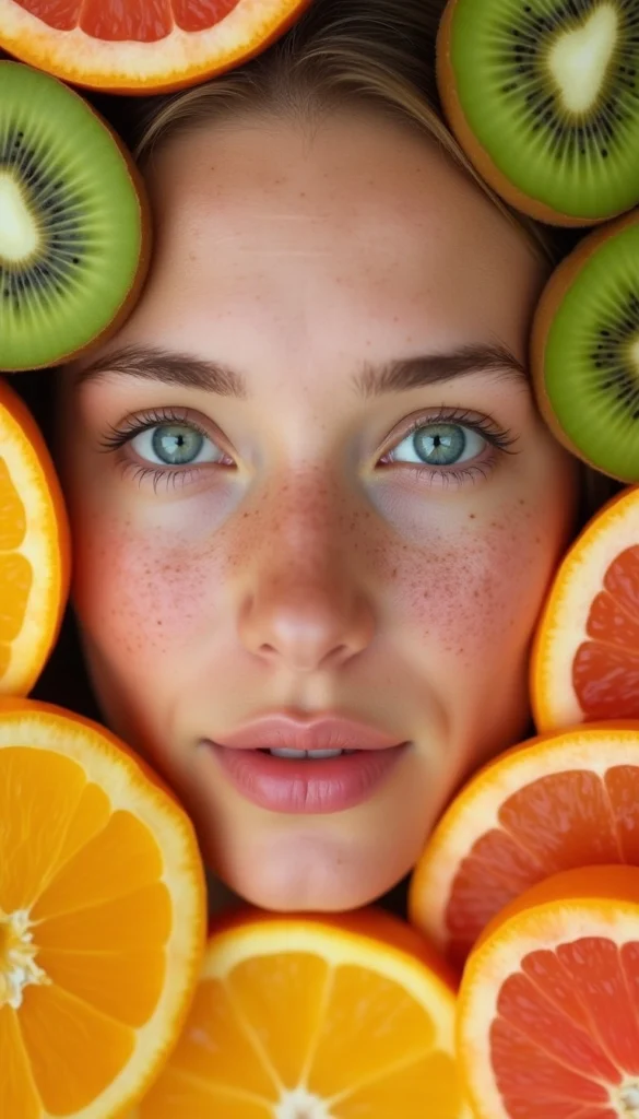 Rostro femenino con frutas variadas (kiwi, naranja, papaya), mostrando diferencias nutricionales