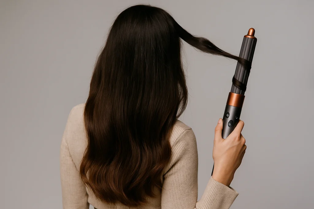 Mujer mostrando resultados del moldeador de pelo Dyson Airwrap, ideal para ondas, volumen y definición.