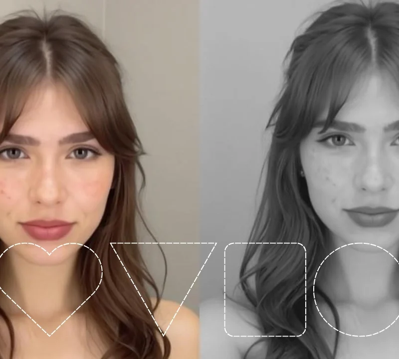 Mujer con diferentes tipos de rostro, mostrando looks modernos y favorecedores según el tipo de rostro