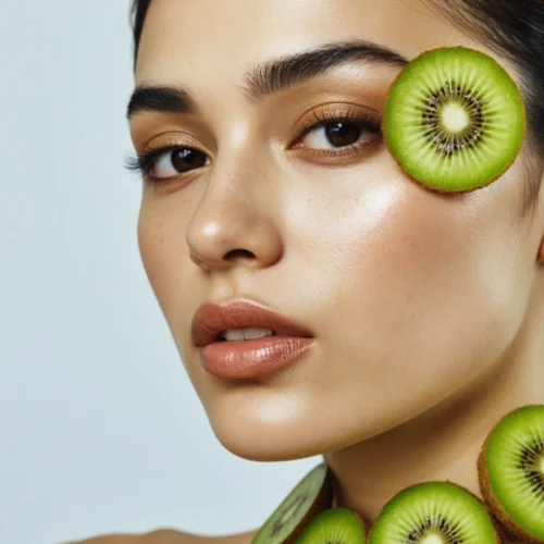 Mujer con piel luminosa y rodajas de kiwi sobre el rostro, destacando beneficios cosméticos del kiwi
