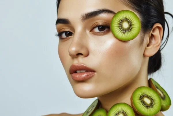Mujer con piel luminosa y rodajas de kiwi sobre el rostro, destacando beneficios cosméticos del kiwi