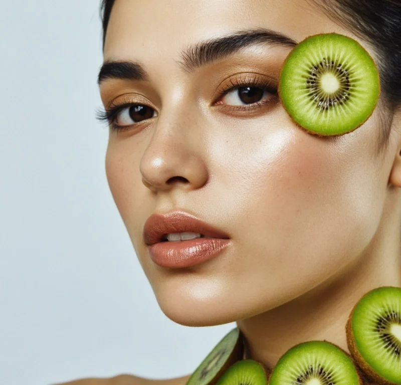 Mujer con piel luminosa y rodajas de kiwi sobre el rostro, destacando beneficios cosméticos del kiwi