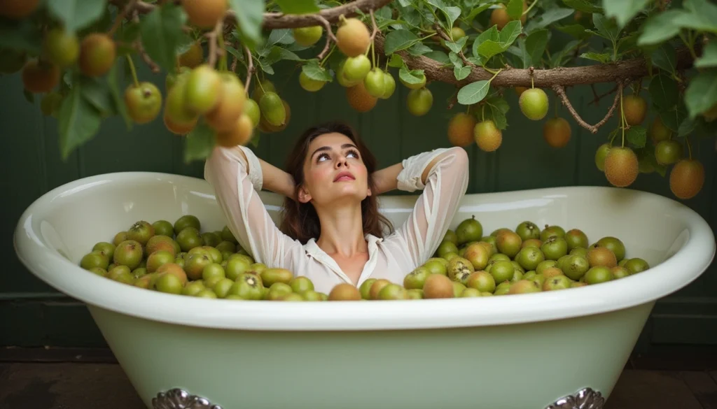 Mujer en bañera vintage llena de kiwis, con ramas verdes encima, evocando belleza natural